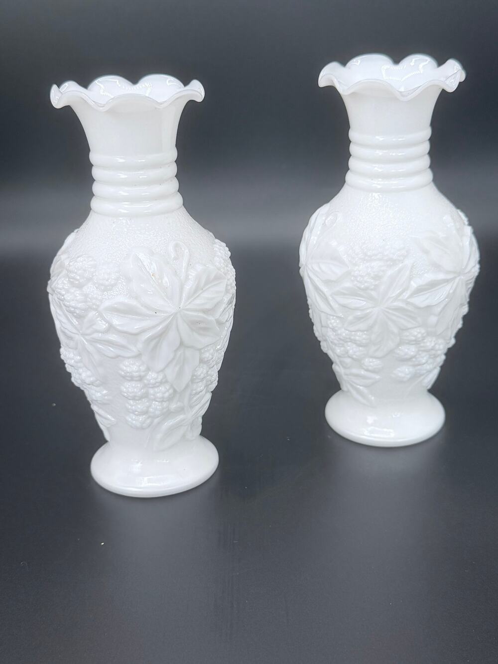 Pair Vintage Imperial Loganberry White Milk Glass Vases 6.25 Inch Ruffled